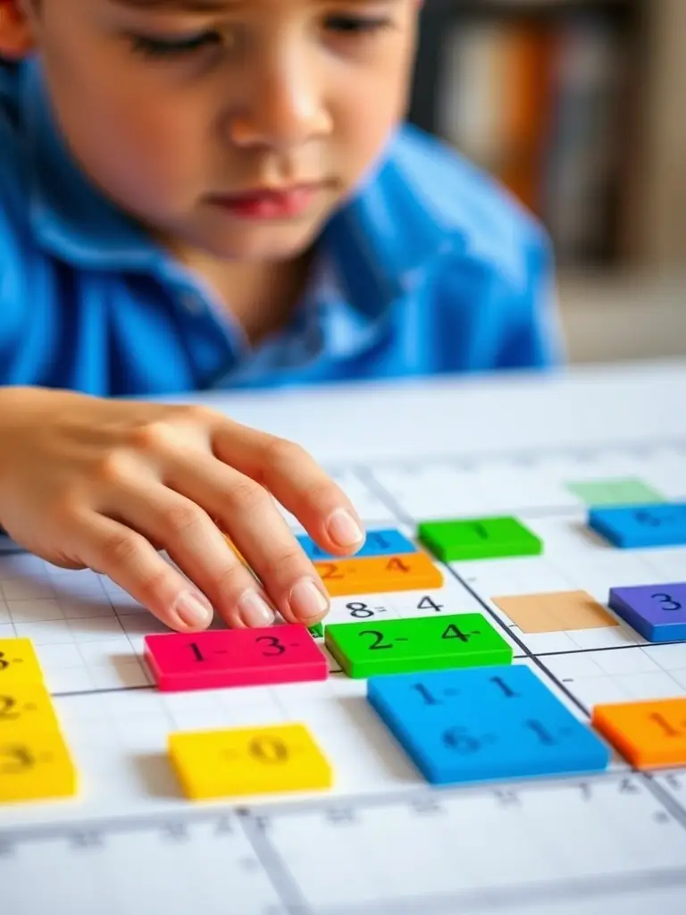 A close-up shot of a student using color-coded tiles on a coordinate plane to represent linear equations, emphasizing the visual and tactile learning experience.
