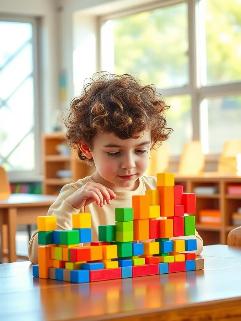 A student using interlocking cubes to build a bar graph, demonstrating how physical manipulatives can make data representation more engaging and understandable.