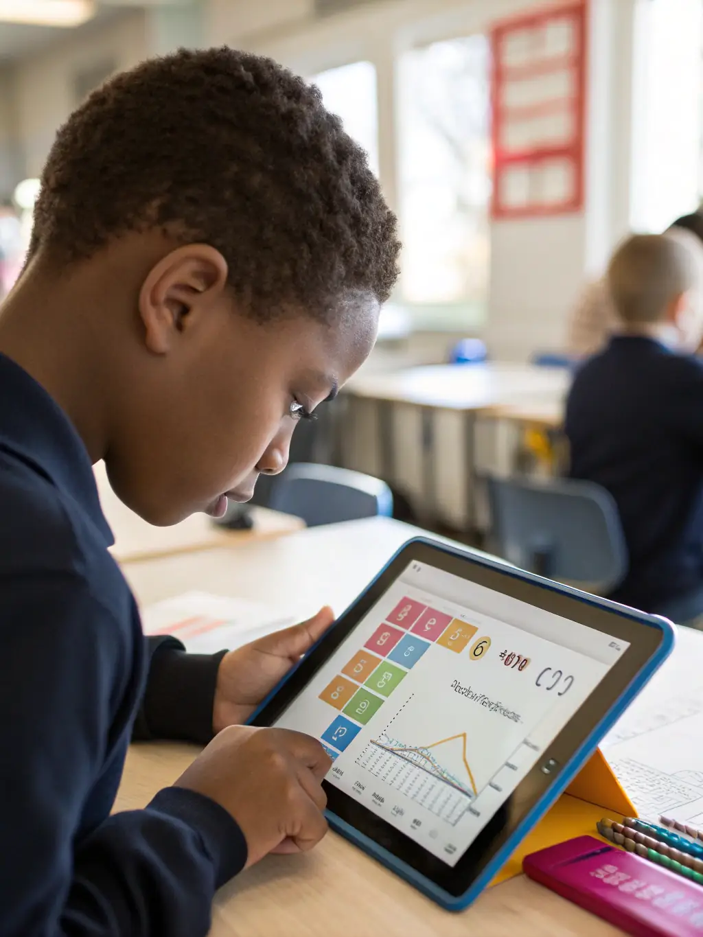 A close-up shot of a student using the Interactive Graphing Tool on a tablet, focusing on the ease of use and intuitive interface.
