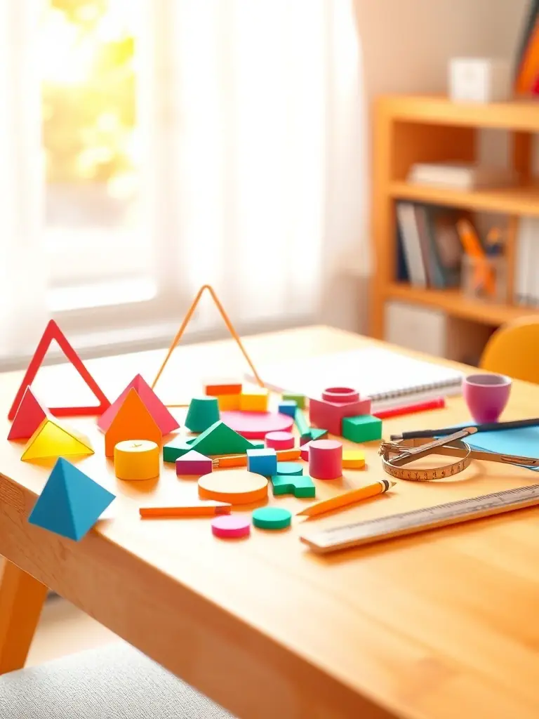 An image of the Graphing Manipulatives Set, featuring colorful and engaging tools designed for hands-on learning, arranged on a desk with a textbook in the background.