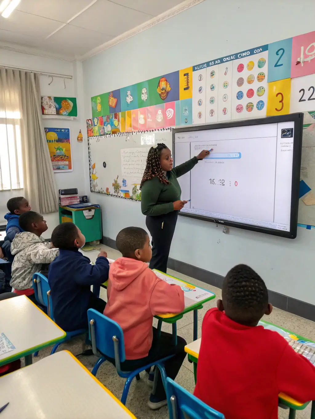A teacher demonstrating the use of the Graphing Manipulatives Set to a small group of students, highlighting collaborative learning.